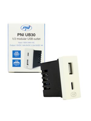 Tomada de alimentação 2 x USB PNI UB30, USB-A USB-C, 12V/9V/5V, máx. 20W, modular, tipo F 1/2, montagem embutida