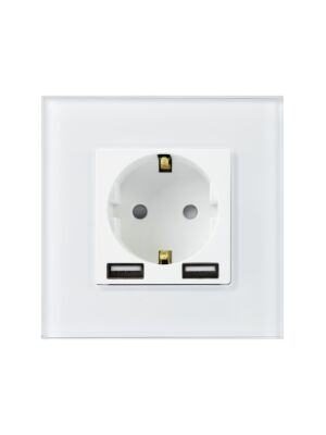 Soquete embutido simples PNI WP103 com moldura de vidro e 2 portas USB