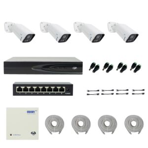 Pacote PNI House IP816 NVR com 4 câmeras PNI IP740 4MP, fonte, switch, cabos, plugues e divisores