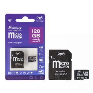 Cartão de memória MicroSD PNI 128GB com adaptador SD, Classe 10, 80 Mb/s, V30