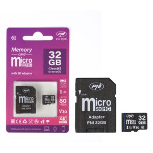 Cartão de memória MicroSD PNI 32GB com adaptador SD, Classe 10, 80 Mb/s, V30