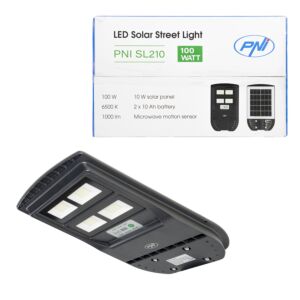 Lâmpada de iluminação pública PNI SL210 100W, com painel solar de 10W integrado, 6500K, 1000lm, 2 x bateria embutida de 10Ah, 