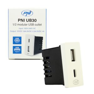 Tomada de alimentação 2 x USB PNI UB30, USB-A USB-C, 12V/9V/5V, máx. 20W, modular, tipo F 1/2, montagem embutida