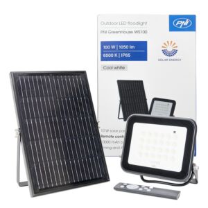 PNI GreenHouse WS100 Refletor LED 100W com painel solar, bateria de 10000mAh, controle remoto, tempo e brilho ajustáveis