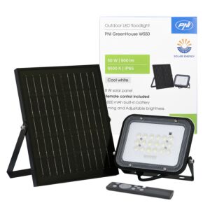 Refletor LED PNI GreenHouse WS50 50W com Painel Solar, Bateria de 6000mAh, Controle Remoto, Temporização e Brilho Ajustável,